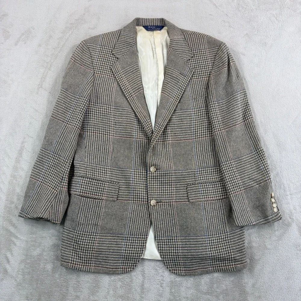 VTG Polo Ralph Lauren Blazer Jacket 42 Glen Check Silk Linen Wool 80s 90s USA